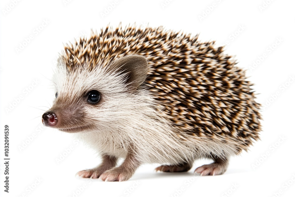 A small hedgehog stands on a white surface, its tiny paws and snout visible A small hedgehog stands on a white surface, its tiny paws and snout visible