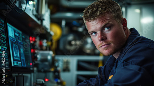 focused technician in control room, surrounded by advanced equipment and screens, showcases dedicated work environment. atmosphere reflects professionalism and concentration