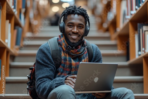 Happy black student guy holding copybook and using laptop in university library, smiling at camera, joyful moment encapsulating the blend of traditional and digital, Generative AI