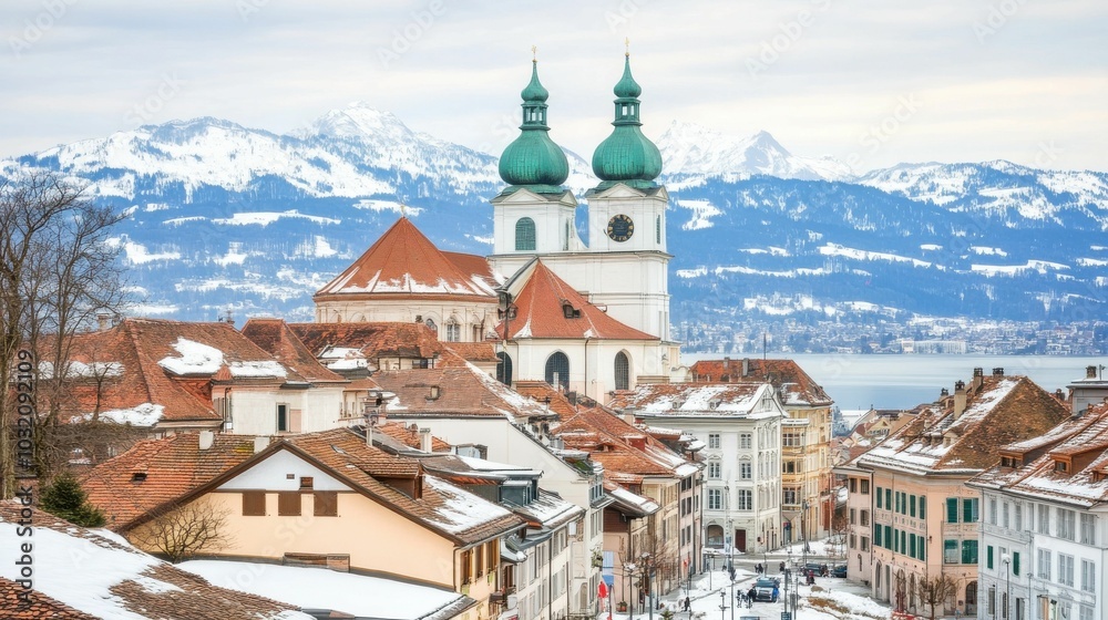 A picturesque winter scene of a town with red-tiled rooftops partially covered in snow, set against a backdrop of snow-capped mountains.. A picturesque winter scene of a town with red-tiled rooftops partially covered in snow, set against a backdrop of snow-capped mountains..