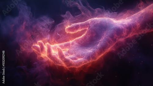 Glowing ethereal hand emitting vibrant energy aura