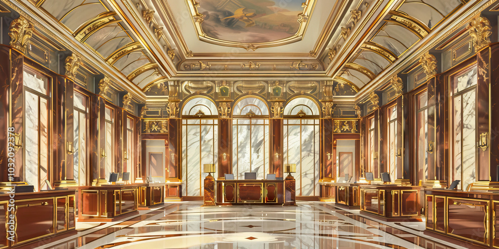 Obraz premium The glamorous art deco details of an old-world European bank, with its gleaming brass fixtures, ornate ceilings, and luxurious marble surfaces.