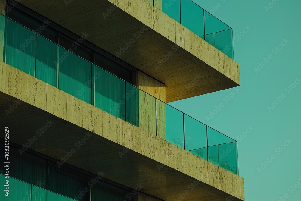 Concrete building with glass railings and balconies Concrete building with glass railings and balconies