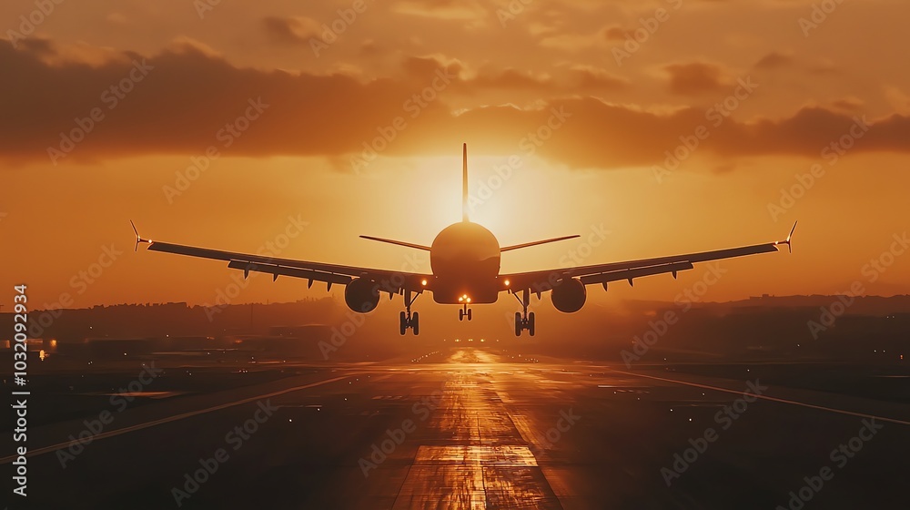 An airplane is landing on a runway at sunset. An airplane is landing on a runway at sunset.
