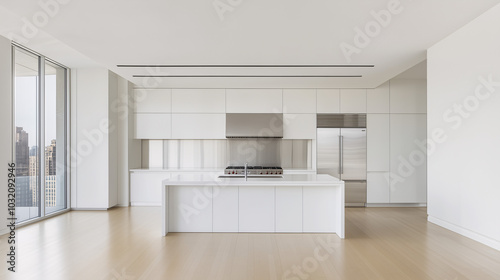 All-white minimalist kitchen with modern cabinetry, stainless steel appliances, and clean lines