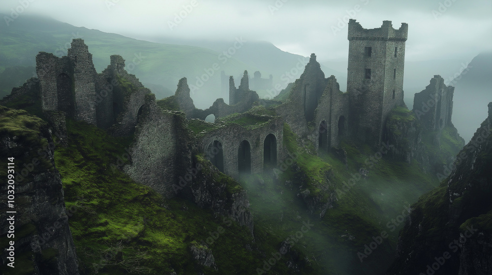 Weathered stone ruins of an ancient castle standing on a misty hill in the Scottish Highlands. v2 Weathered stone ruins of an ancient castle standing on a misty hill in the Scottish Highlands. v2