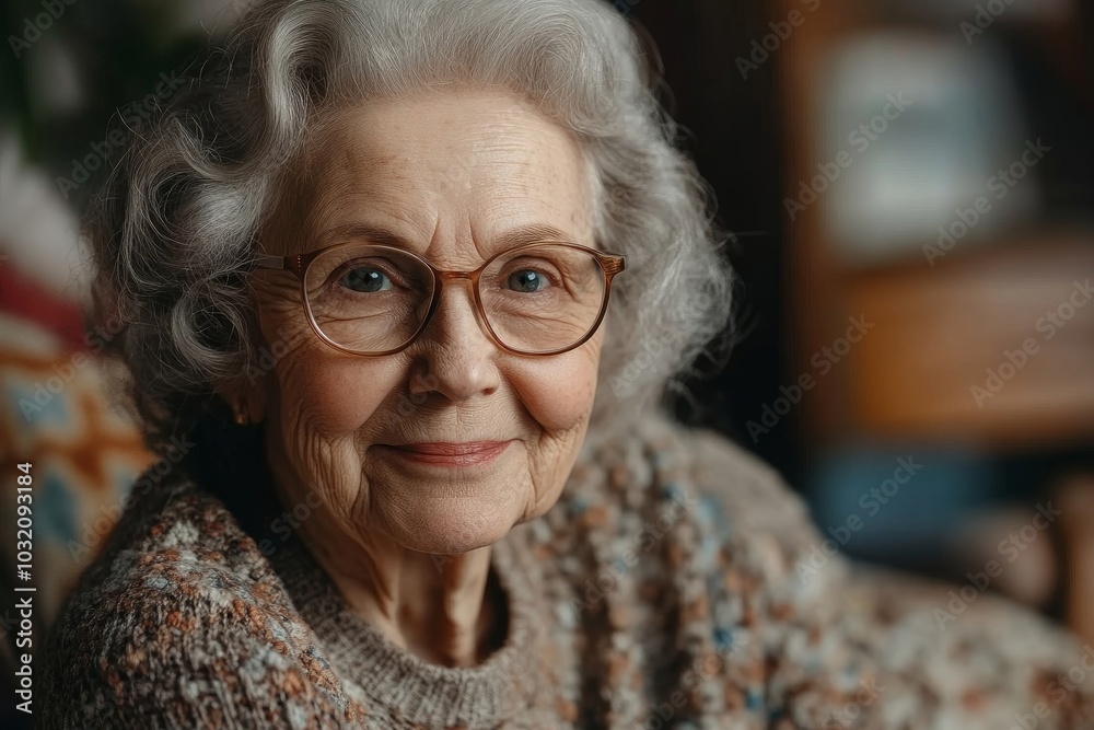 Smiling senior woman in glasses looking at camera, happy old lady posing at home, positive retired female sitting on sofa in living room, Generative AI