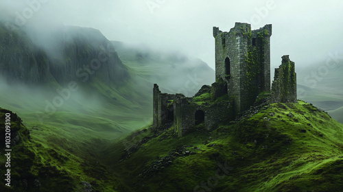 Weathered stone ruins of an ancient castle standing on a misty hill in the Scottish Highlands.