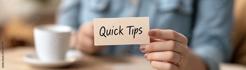 Close-up of a person holding a card with 'Quick Tips' written on it, with a coffee cup in the background, suggesting helpful advice. Close-up of a person holding a card with 'Quick Tips' written on it, with a coffee cup in the background, suggesting helpful advice.