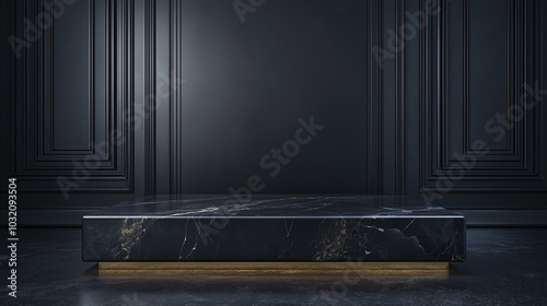 Wallpaper Mural Black tabletop on classic wall panels background for product presentation. Empty marble dark countertop for luxury cosmetics advertisement design Torontodigital.ca