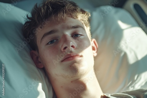 A young man lying on a bed with a pillow