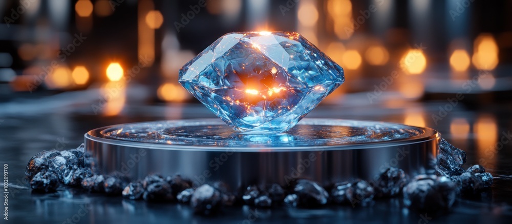 A large, blue diamond sits on a silver pedestal with small, black rocks surrounding it. The background is blurred with warm, orange lights. A large, blue diamond sits on a silver pedestal with small, black rocks surrounding it. The background is blurred with warm, orange lights.