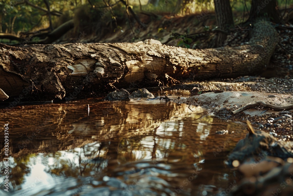 A fallen tree lying on the riverbank, great for outdoor or nature scenes A fallen tree lying on the riverbank, great for outdoor or nature scenes