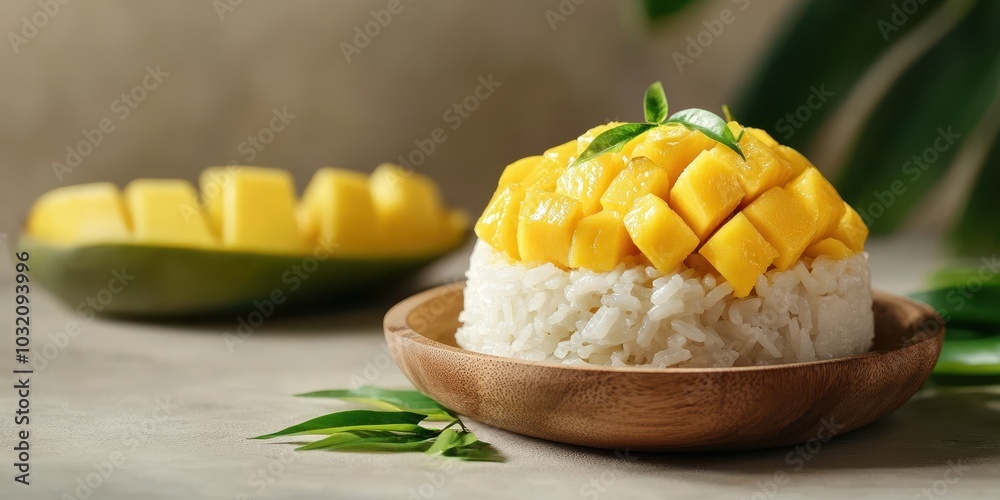 Delicious mango sticky rice served in a wooden bowl, topped with fresh mango slices and garnished with green leaves. Delicious mango sticky rice served in a wooden bowl, topped with fresh mango slices and garnished with green leaves.