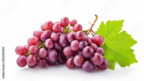 Crimson Harvest: A Vibrant Array of Red Grapes and Lush Green Leaves on a Serene White Canvas -- in