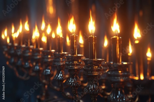 A row of lit candles sits atop a table, providing warm ambiance