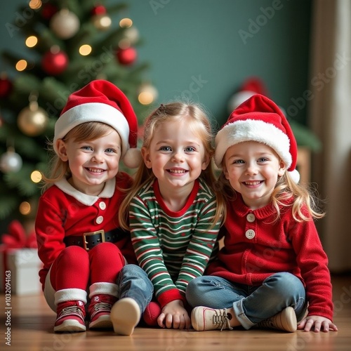 Amazing high resolution photos of cheerful children in private kindergarten wearing Christmas clothes.Holiday