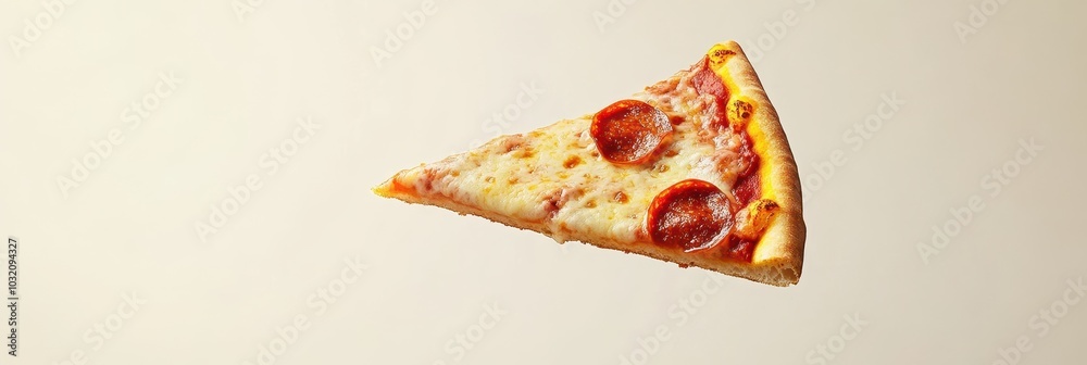 Delicious pepperoni pizza slice floating against a simple background, showcasing its cheesy goodness and classic toppings. Delicious pepperoni pizza slice floating against a simple background, showcasing its cheesy goodness and classic toppings.