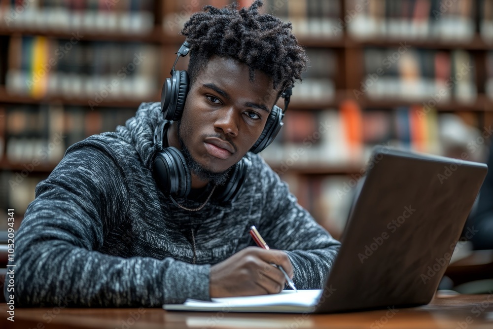 African American student guy, with headphones on neck, using laptop in university library, writing in copybook, preparing for test, Generative AI African American student guy, with headphones on neck, using laptop in university library, writing in copybook, preparing for test, Generative AI