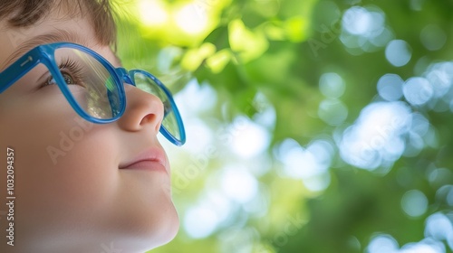 Young child wearing blue glasses focusing on distant tree outside window, symbolizing myopia prevention and importance of outdoor activities.