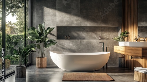 Modern bathroom with a tub, sink, and large window for natural light