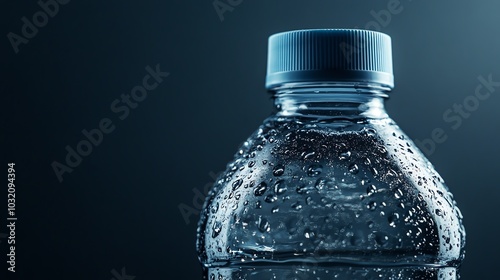 Close up of a plastic water bottle covered in condensation.