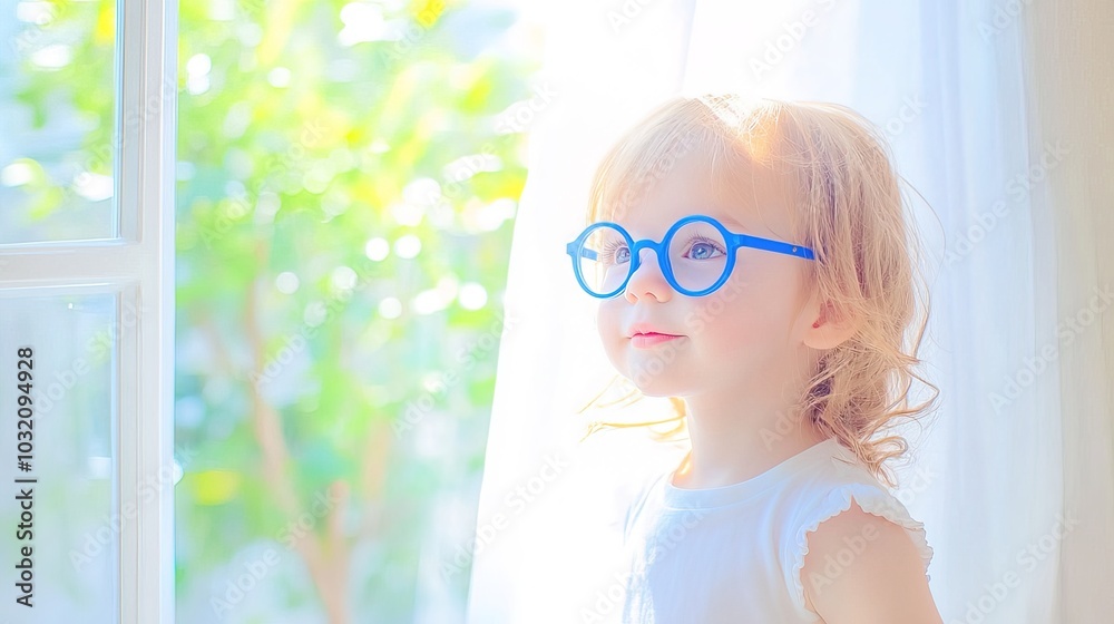Young child wearing blue glasses focusing on distant tree outside window, symbolizing myopia prevention and importance of outdoor activities. Young child wearing blue glasses focusing on distant tree outside window, symbolizing myopia prevention and importance of outdoor activities.