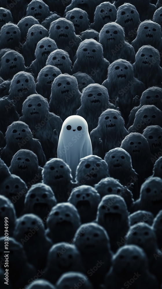 Obraz premium Cheerful ghost among gloomy spirits in a dark gathering