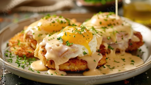 A plate of breakfast food with scrambled eggs, gravy, and other dishes