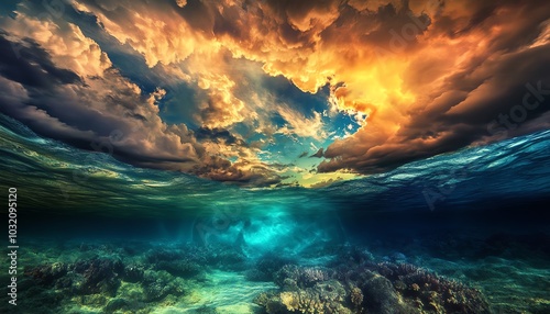 Underwater view of colorful sky