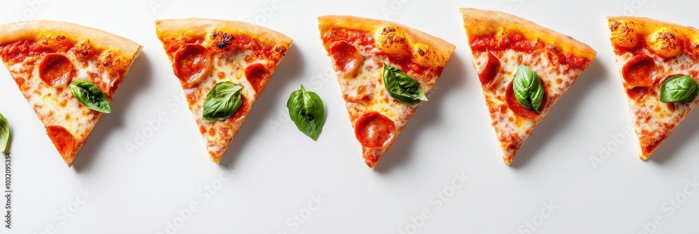 Delicious slices of pizza topped with fresh basil and vibrant tomato sauce, perfect for culinary and food photography. Delicious slices of pizza topped with fresh basil and vibrant tomato sauce, perfect for culinary and food photography.
