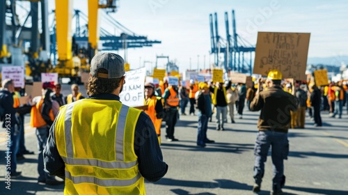 Protest scene at the port. Featuring dockworkers advocating with signs and banners. Highlighting the urgency of labor negotiations. Ideal for journalistic content on workforce rights photo