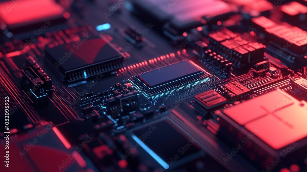 Fototapeta premium Circuit Board with Red and Blue Glow