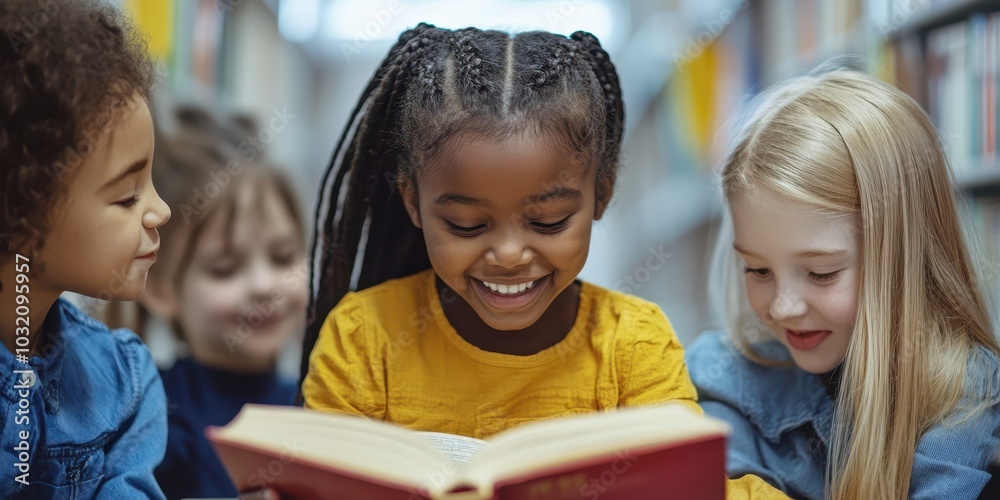 Four young girls enjoy reading together in a bright library, sharing laughter and excitement over their favorite book. Four young girls enjoy reading together in a bright library, sharing laughter and excitement over their favorite book.