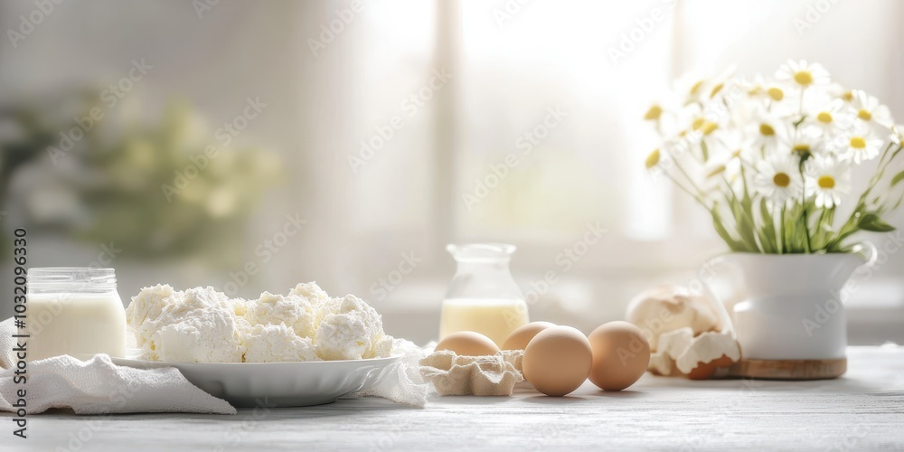 Fresh dairy and eggs on a rustic table, with a bouquet of flowers creating a natural and inviting kitchen atmosphere. Fresh dairy and eggs on a rustic table, with a bouquet of flowers creating a natural and inviting kitchen atmosphere.