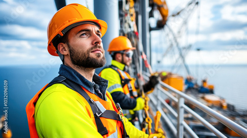 technician in safety helmet and high visibility clothing stands on offshore wind turbine, gazing into distance with determination. scene captures essence of teamwork and safety in challenging