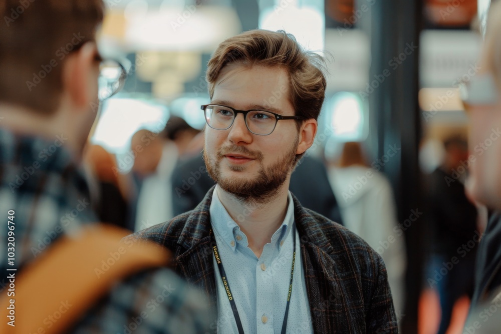 Obraz premium A businessman is networking at a startup expo