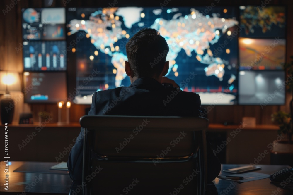 A businessman is attending a conference call with international partners, discussing global market trends