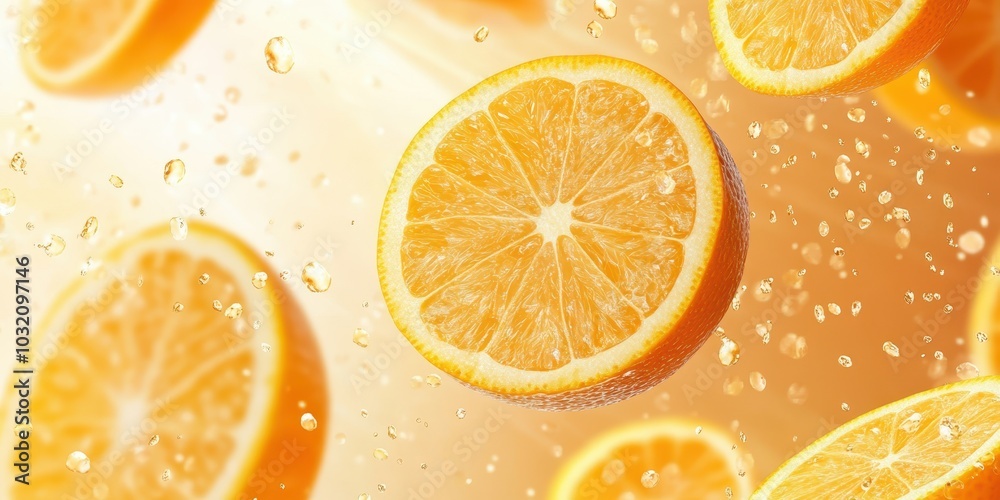 Fresh orange slices splashing in water, capturing the essence of summer and vibrant citrus flavors for a refreshing touch. Fresh orange slices splashing in water, capturing the essence of summer and vibrant citrus flavors for a refreshing touch.