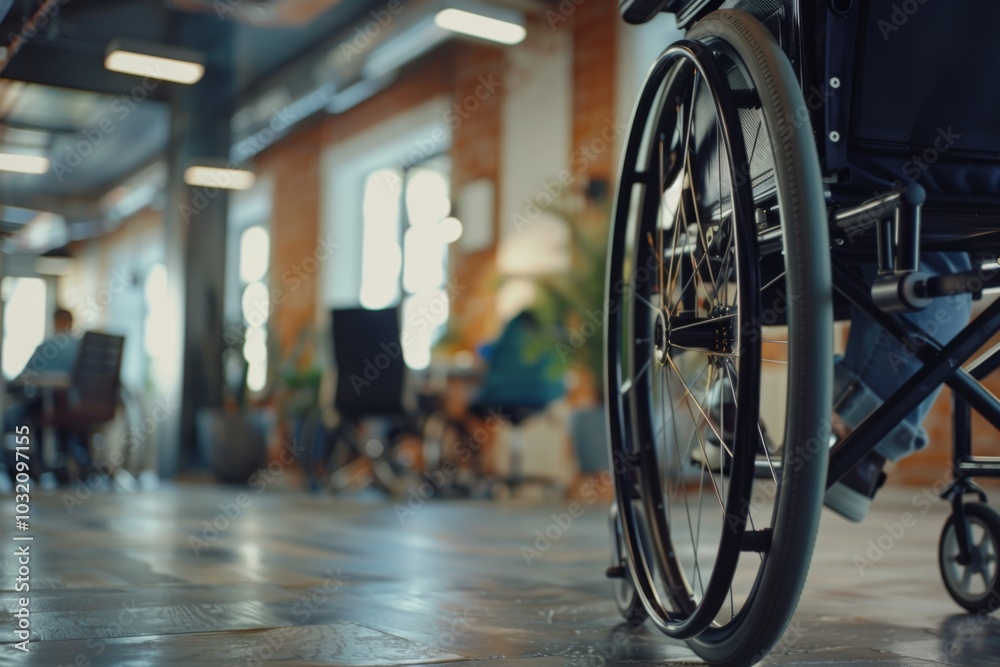 Close up of a person in a wheelchair in a office environment Close up of a person in a wheelchair in a office environment