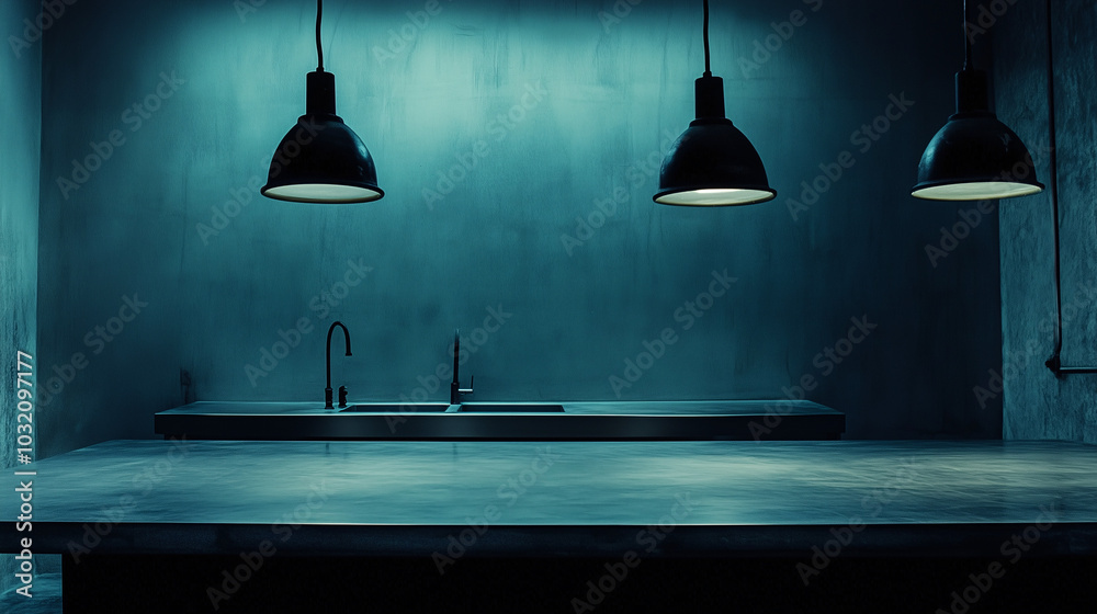 Obraz premium Clean, modern kitchen with an empty countertop and a blank wall above, ideal for mock-ups or branding