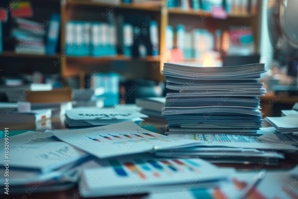 Collection of business analytics charts and graphs stacked on each other on paper on desk in office Collection of business analytics charts and graphs stacked on each other on paper on desk in office