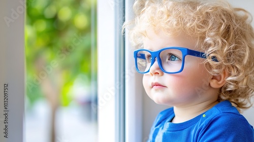 Young child wearing blue glasses focusing on distant tree outside window, symbolizing myopia prevention and importance of outdoor activities.