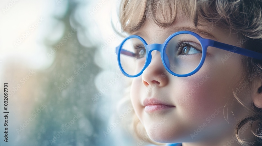 Young child wearing blue glasses focusing on distant tree outside window, symbolizing myopia prevention and importance of outdoor activities.