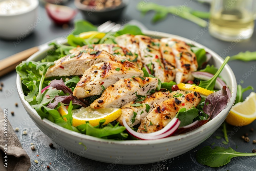 Grilled Lemon Herb Chicken Salad in a bowl on table Grilled Lemon Herb Chicken Salad in a bowl on table
