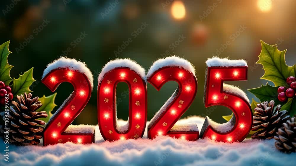 Red 2025 sign standing in snow with holly leaves and pine cones against a blurred christmas lights background Red 2025 sign standing in snow with holly leaves and pine cones against a blurred christmas lights background