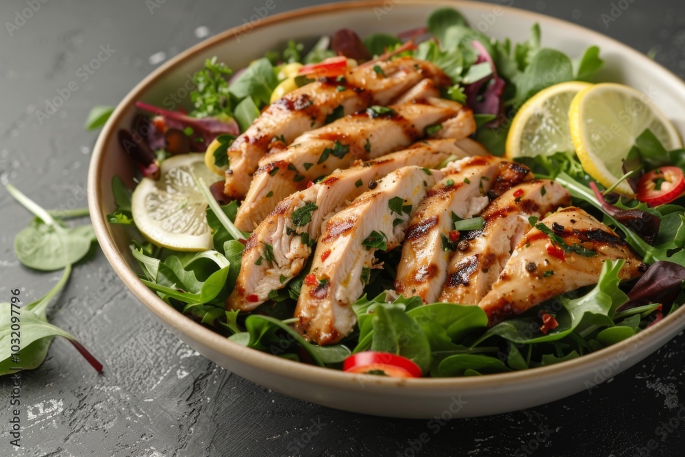 Grilled Lemon Herb Chicken Salad in a bowl on table Grilled Lemon Herb Chicken Salad in a bowl on table