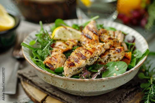 Grilled Lemon Herb Chicken Salad in a bowl on table