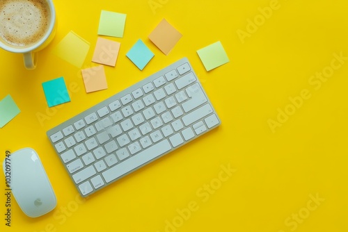 Bright workspace with a keyboard and mouse on a vibrant yellow background. Playful sticky notes add color. Ideal for creative work and inspiration. Generative AI photo