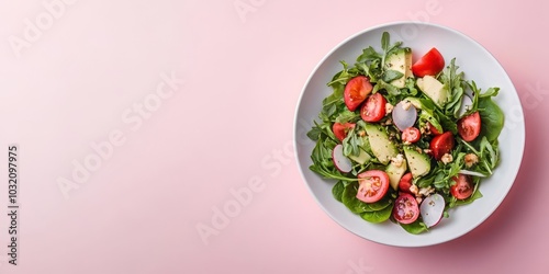 Fresh vegetable salad featuring vibrant greens, tomatoes, and cucumbers, perfect for healthy eating and wellness.